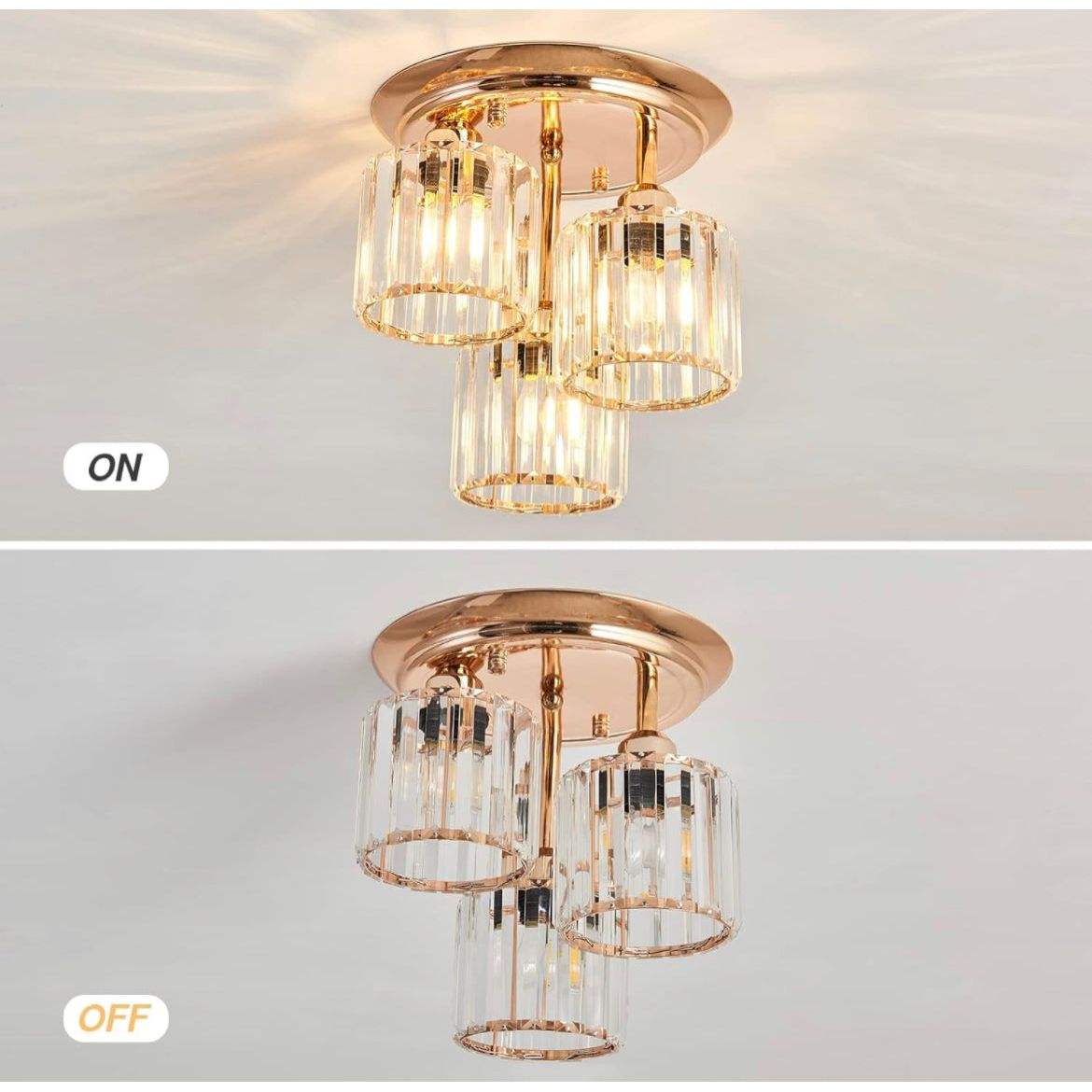 CVKASH 3-Light Crystal Rose Gold Chandelier Modern Matte Semi Flush Mount Ceiling Light Fixture H11.02'' x D11.81'' Ceiling Lighting for Bedroom Kitchen Dining Room Hallway - Selzalot