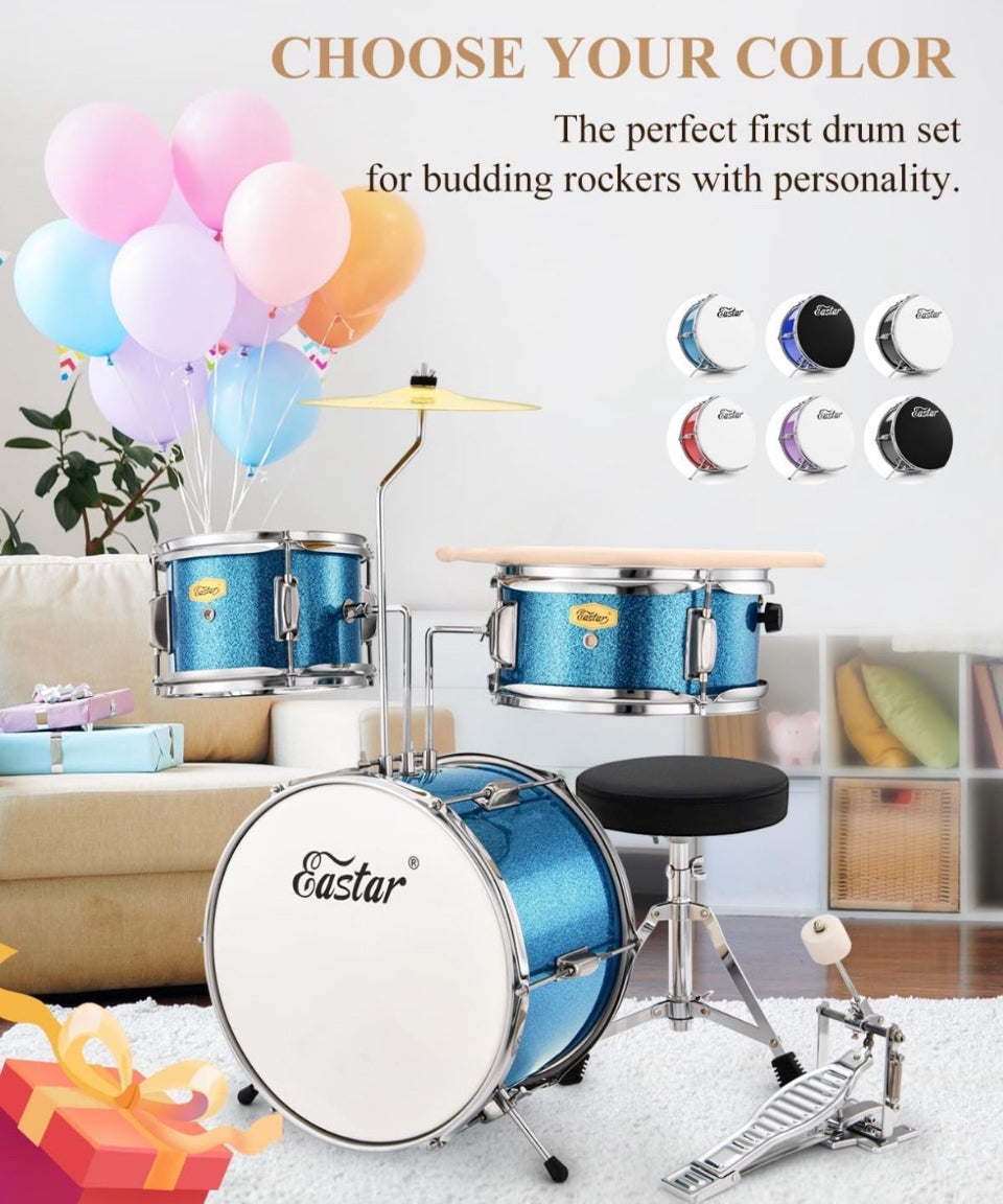 Kids Drum Set Eastar 3-Piece for Beginners, 14 inch Drum Kit with Adjustable Throne, Cymbal, Pedal & Two Pairs of Drumsticks, Junior Drum Set with Bass - Selzalot