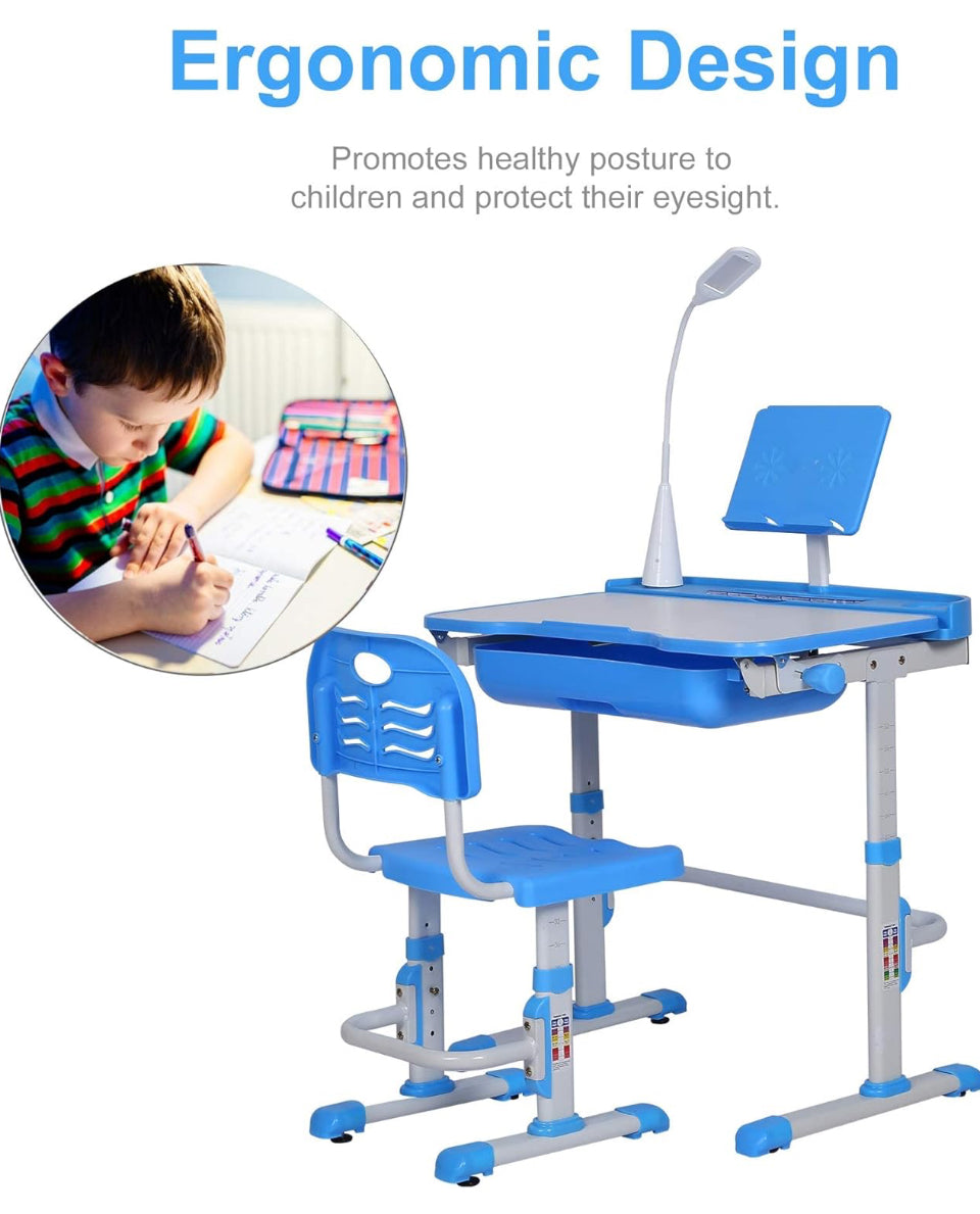 Kids Desk and Chair Set, Height Adjustable Child's School Study Writing Tables with Tilt Desktop, LED Light, Storage Drawer, Book Stand (Blue) - Selzalot