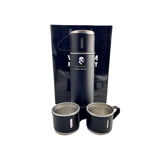 SELZALOT Stainless Steel Vacuum Flask Set, 500ML Gift Set, Black, Thickened Food Grade 304 Stainless Steel, Durable Insulation, Ergonomic Design, with 3 Cups - Selzalot