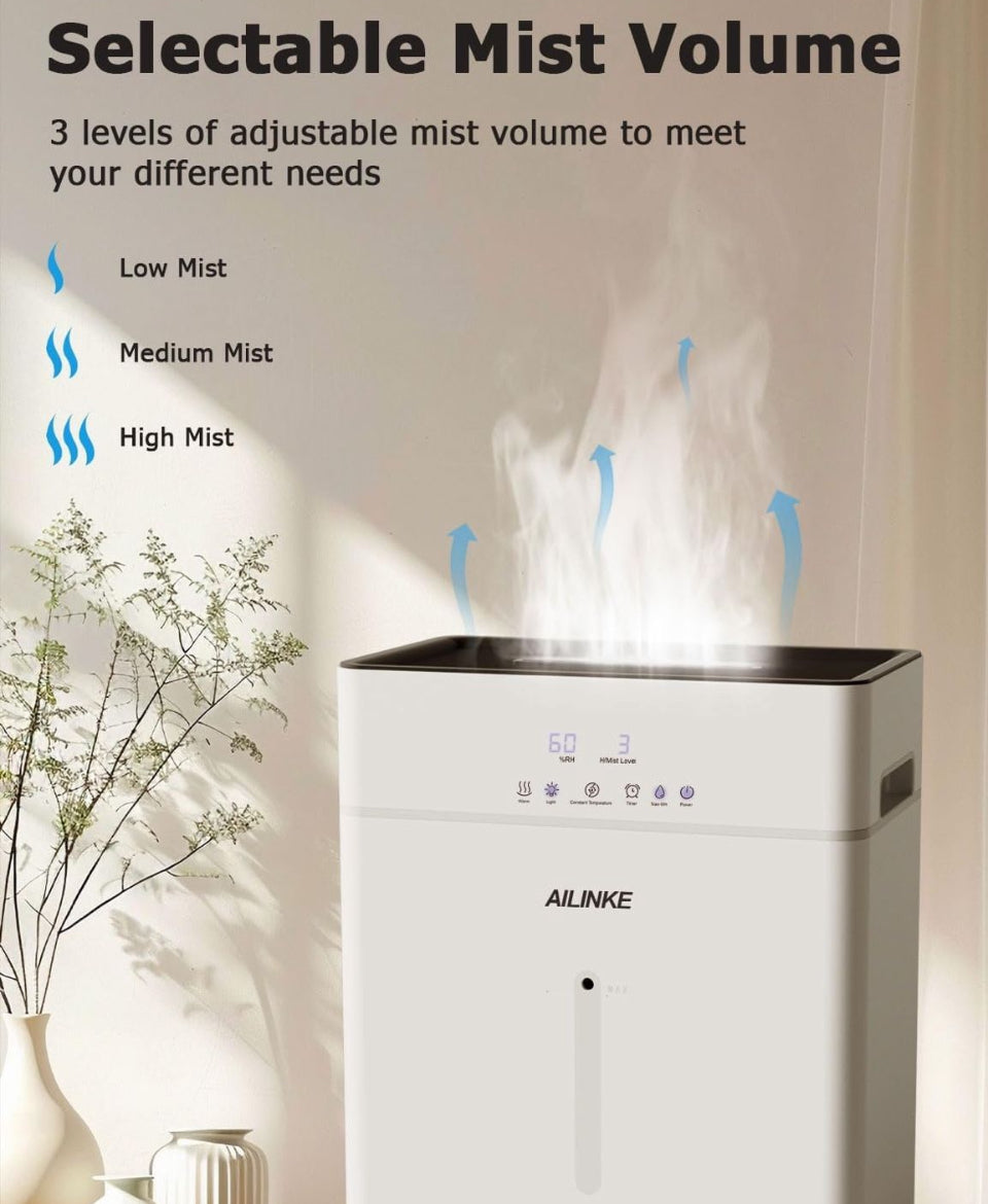 Open Box Humidifiers for Bedroom Large Room, AILINKE Cool and Warm Mist Humidifier 10L/2.64Gal, 12H Timer, 3 Speed, Top Fill, Simulated Flame