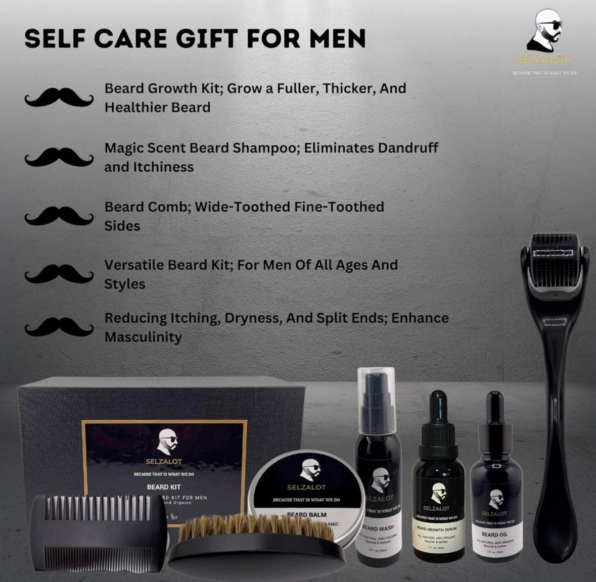 SELZALOT Beard Growth Kit Facial Hairs Men's Grooming Set 7 Pieces Beard Products with Oil, Serum, Balm, Shampoo, Comb, Brush and Hand Beard Care Kit for Men Men Self Care - Selzalot