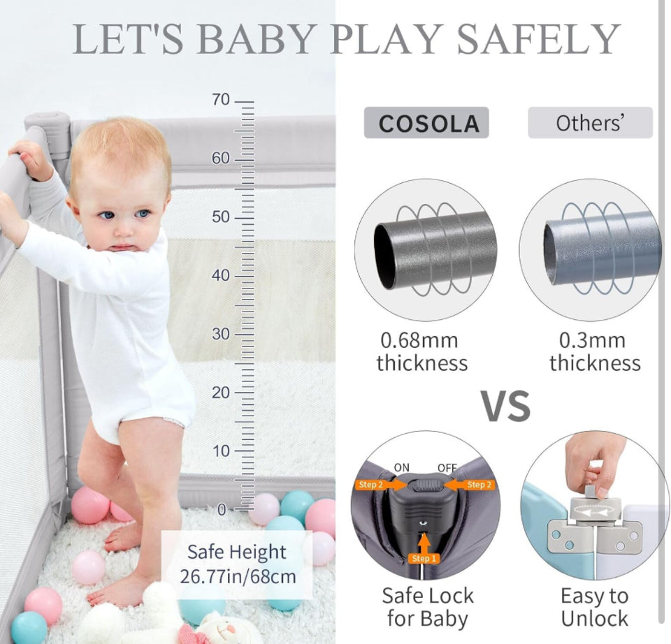 COSOLA Baby Playpen for Toddlers, Foldable Playpen Safe Anti-Fall Play Yard, Visible Mesh Play Pen with Zipper Gate, Baby Fence Play Area with Pull-up