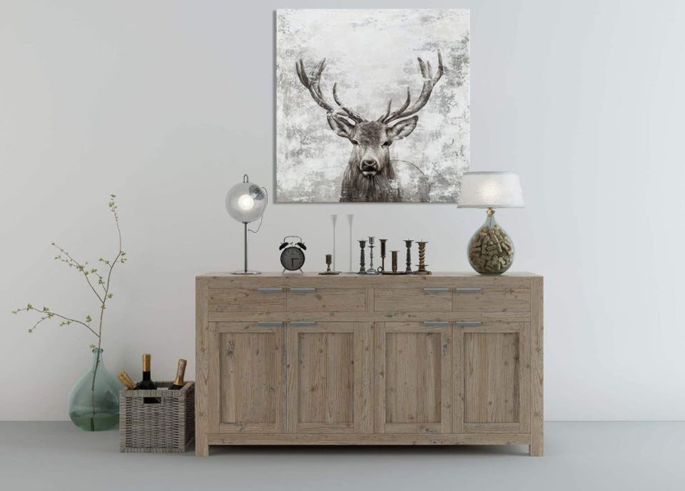 BATRENDY ARTS Red Deer Canvas Wall Art Hand Painted Animal Head Picture Rustic Grey and White Hunting Artwork Painting for Living Room Home Office Dec