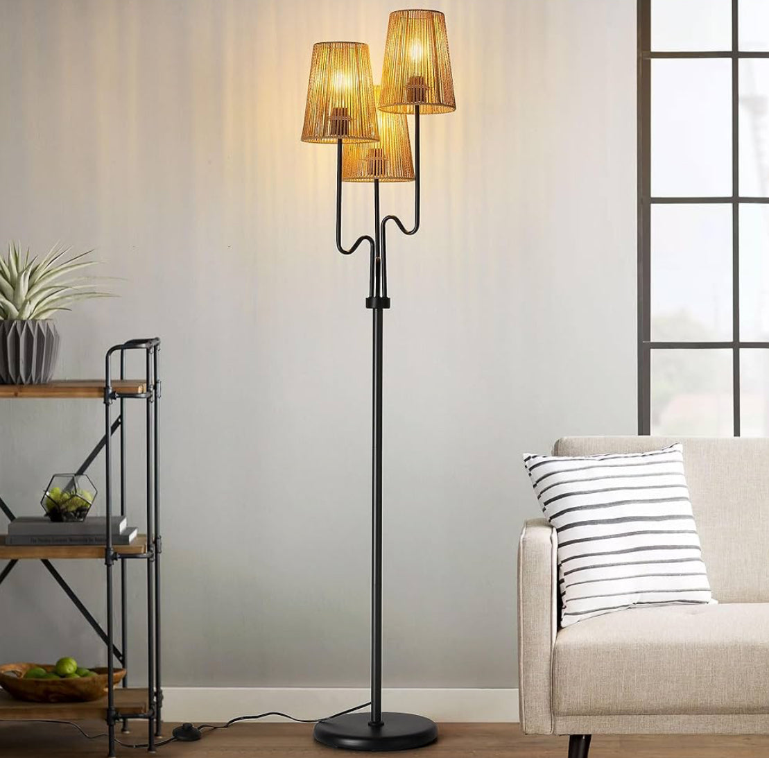 Boho Floor Lamp, 68in. Rattan Floor Lamp with Rattan Shade, 3 Light Tree Standing Lamp for Bedroom,Nursery, E26 Socket, Living Room Floor Lamp for Rus