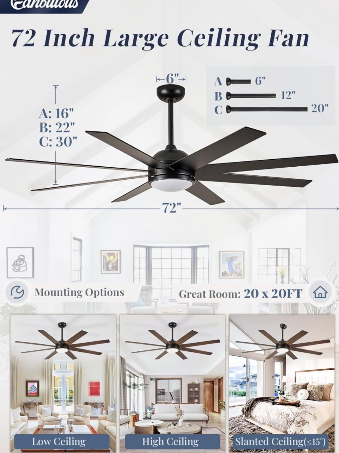 Ceiling Fans with Lights, 72 inch Large Ceiling Fan with Light and Remote, Outdoor Black Ceiling Fan for Living Room Patio, 6 Speeds, Reversi