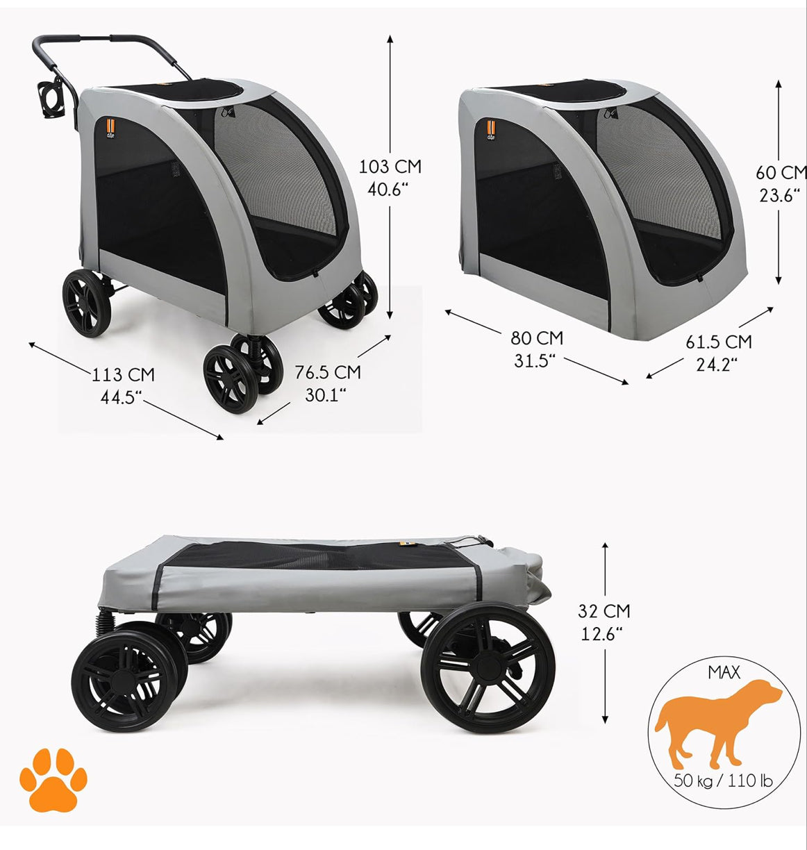 XXL Wide Pet Stroller Chester - Large Dog Buggy, pet Buggy, Spacious, Travel pet Pushchair, pet pram, Folding, incl. raincover, cupholder, La