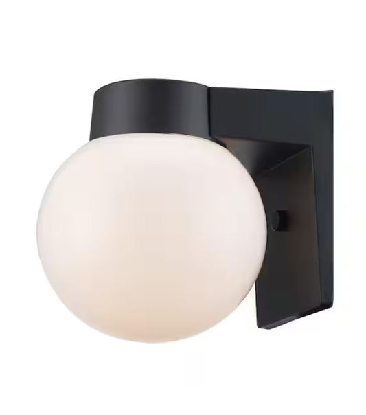 Pershing 1-Light Black Outdoor Wall Light Fixture with Opal Glass Globe Shade