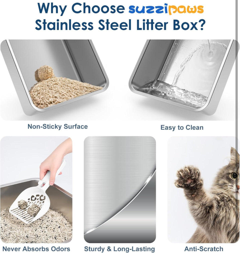 Suzzipaws Enclosed Stainless Steel Cat Litter Box with Lid Extra Large Litter Box for Big Cats XL Metal Litter Pan Tray with High Wall Sides Enclosure