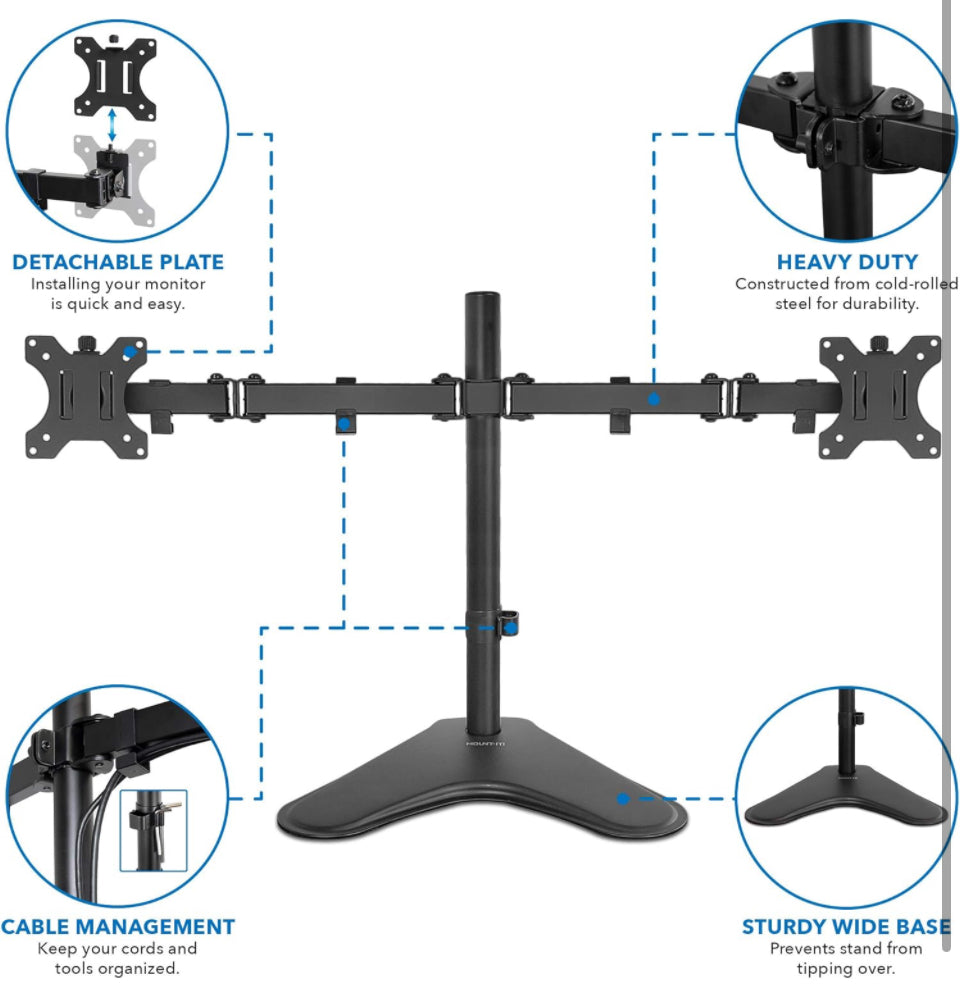 Mount-It! Dual Monitor Stand for Desk - Double Monitor Mount for 2 Screens up to 32 Inch and 17 Lbs - Free-Standing Base Swivel, Tilt, Rotates 360 Adj