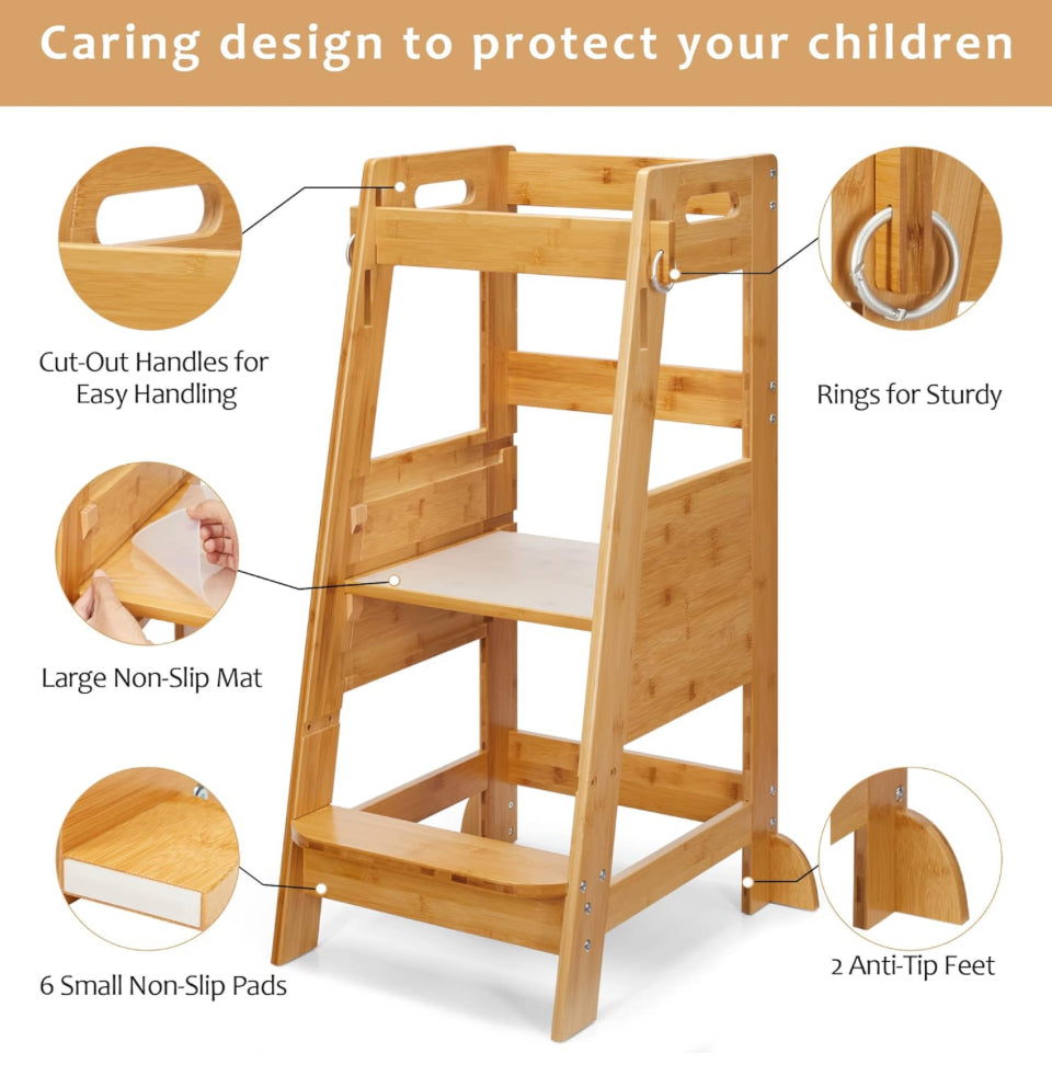 TOETOL Bamboo Toddler Step Stool Kids Kitchen Counter Learning Stool Standing Helper Tower 3 Height Adjustable Bathroom Sink with Safety Rail, Natural