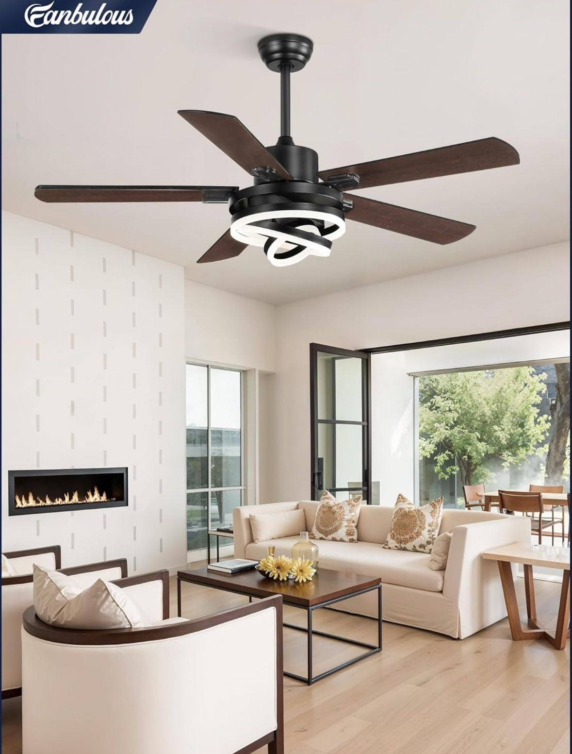 52" Farmhouse Ceiling Fans with Lights,Black Chandelier Fan with 6-Speed Dimmable LED and Reversible DC Motor,Rustic Fandelier Ceiling Fan with 5 Dual