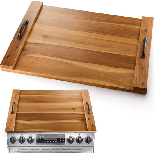 LotusSway Noodle Board Stove Cover with Sturdy Handle, 30.3x22" Durable Extra Thick Wood Stove Top Covers for Gas and Electric Stove, Acacia Wooden Si