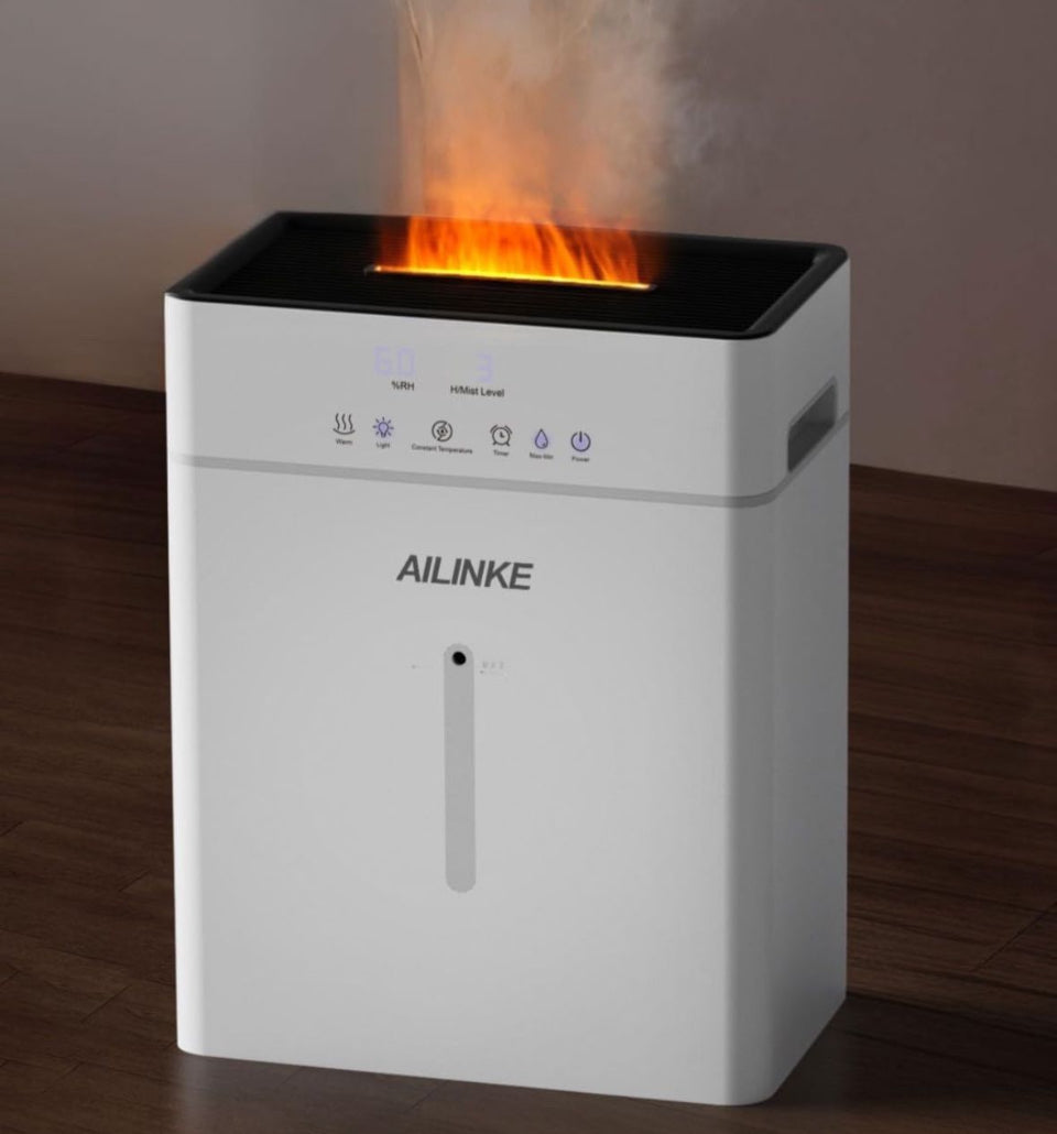 Open box AILINKE humidifier with flame light, 10L capacity, for large rooms.