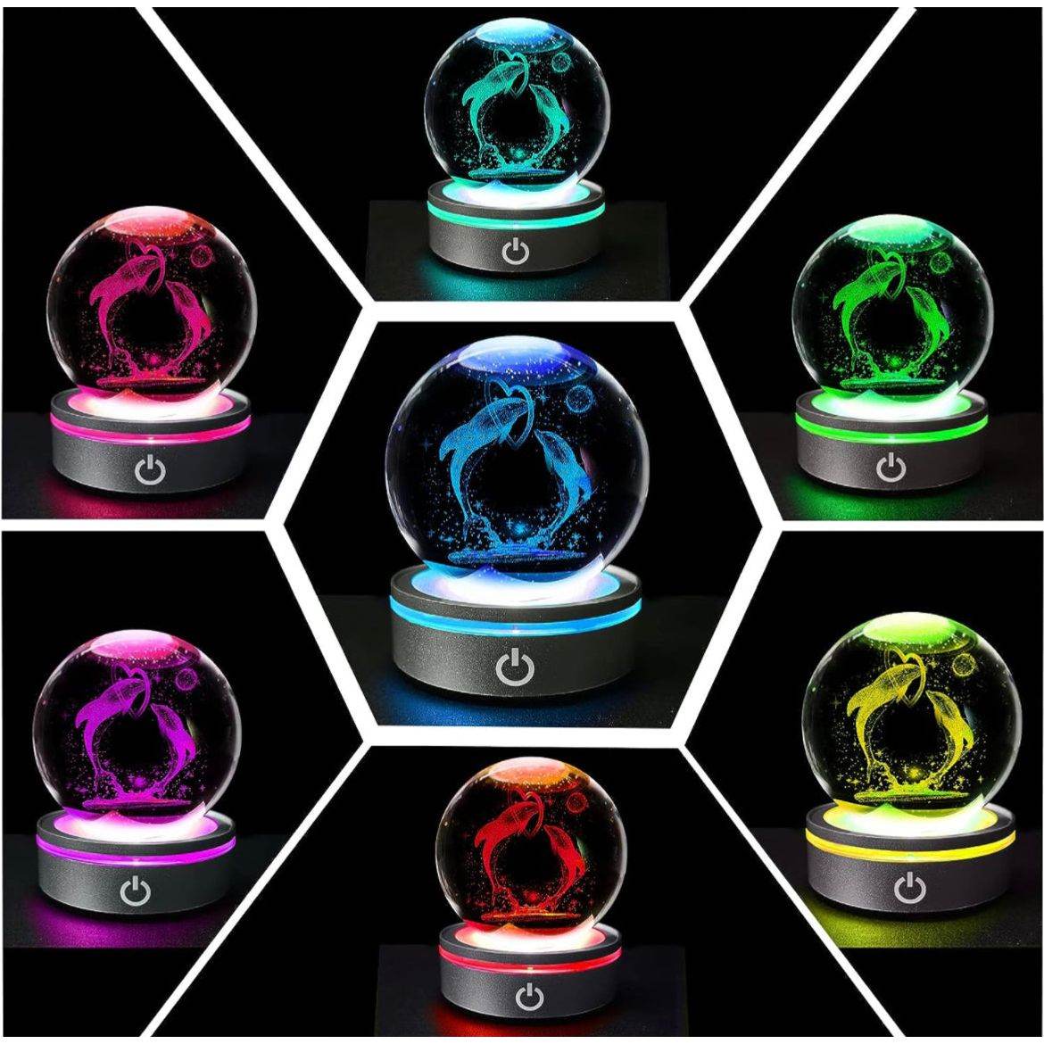 3D Dolphin Crystal Ball with LED Colourful Light Base Gifts for Kids Her - Selzalot