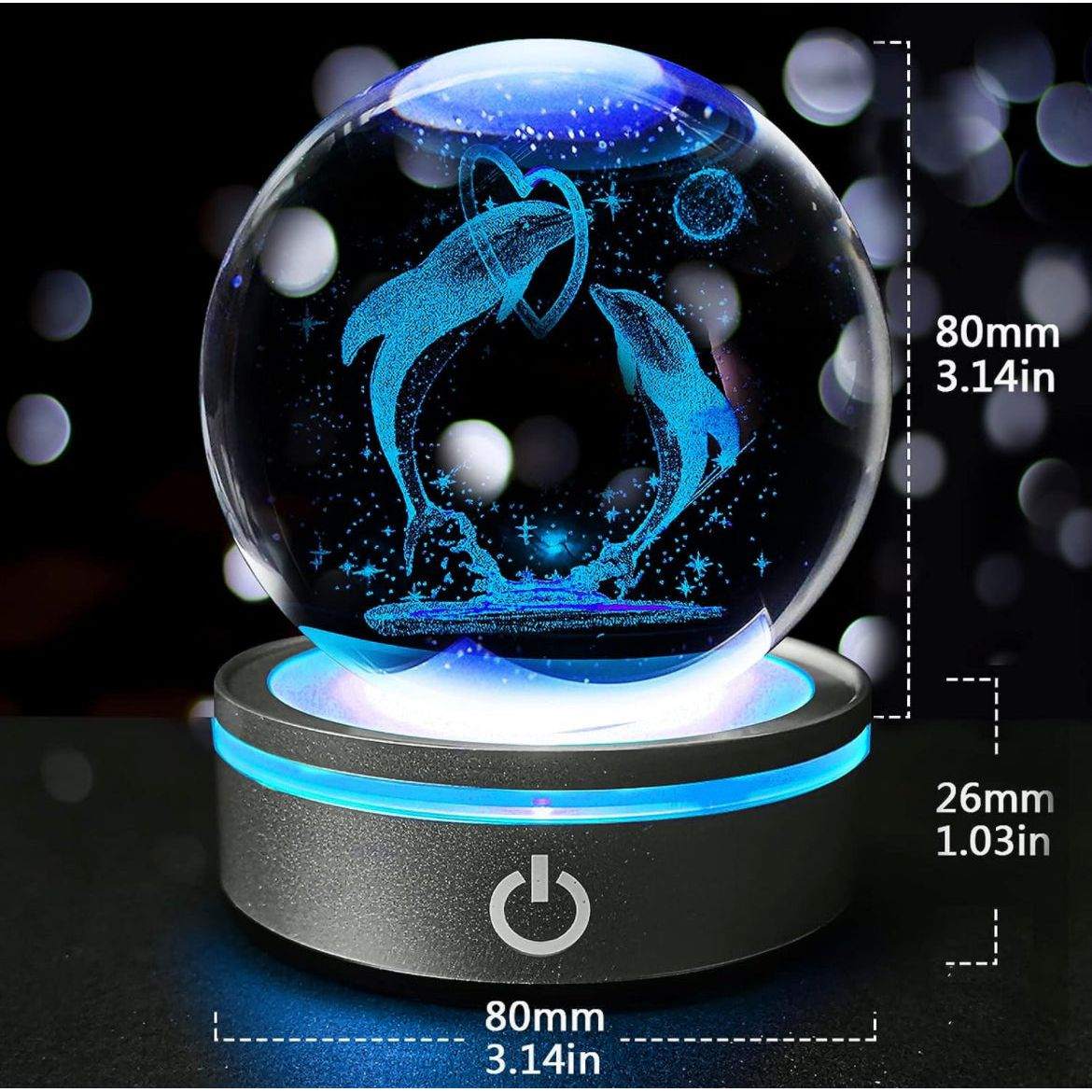 3D Dolphin Crystal Ball with LED Colourful Light Base Gifts for Kids Her - Selzalot