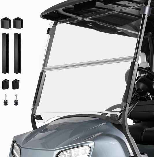 Golf Cart Foldable Windshield 3/16" (5MM) Thicken Only Fits
2004-Up Club Car Precedent with 1"x1" Strut Rail Front Folding Acrylic Windshield
Replacement, Included
Mounting Hardware - Tinted - Selzalot