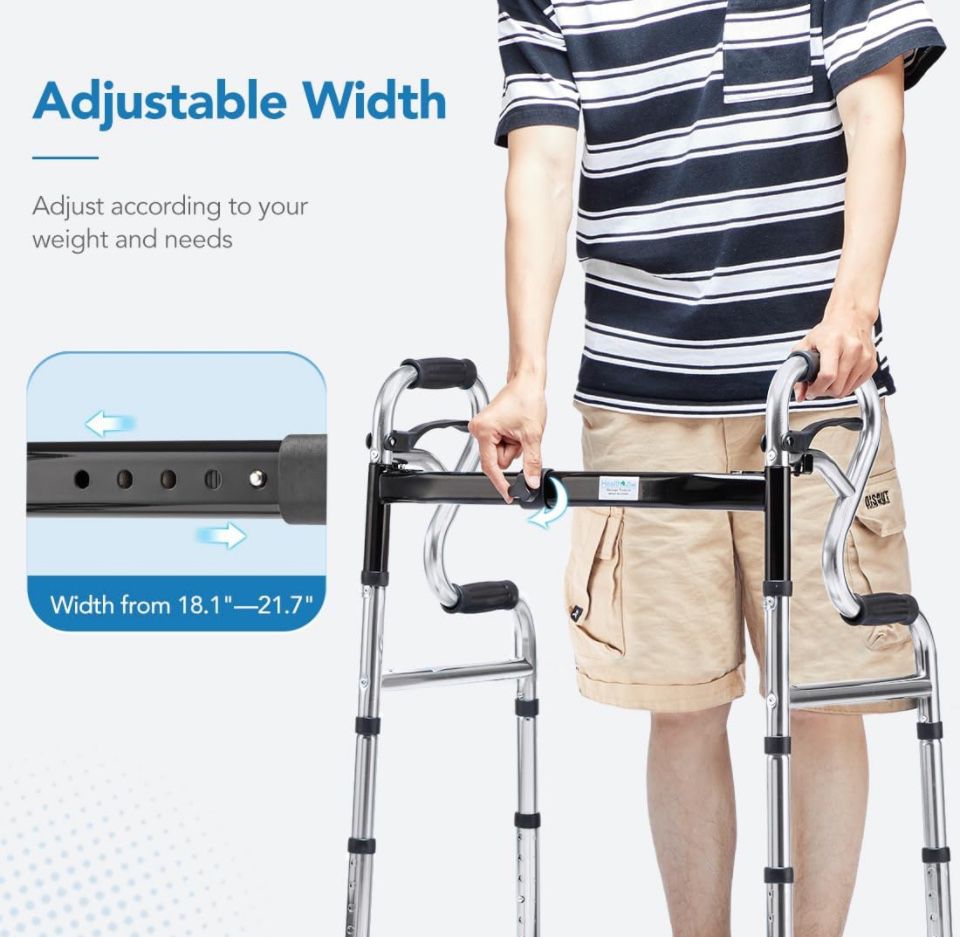 HEALTH LINE MASSAGE PRODUCTS 3 in 1 Folding Walker with 5" Front Wheels, Width Adjustable Compact Standard Walker Supp