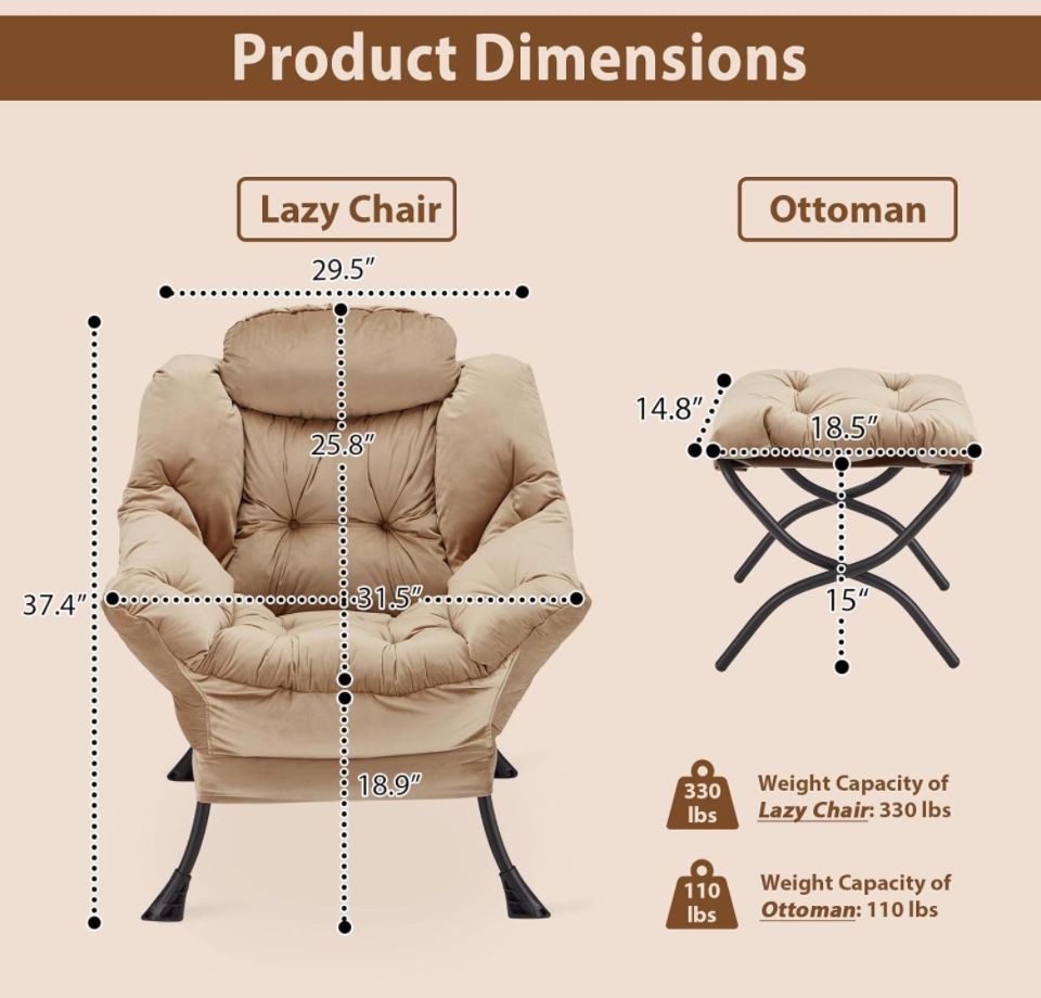 Lazy Chair with Folding Ottoman, Accent Chair Velvet Upholstered with Metal Structure and Non-Slip Pads, Sofa Armchair with Footrest and Side Storage - Selzalot