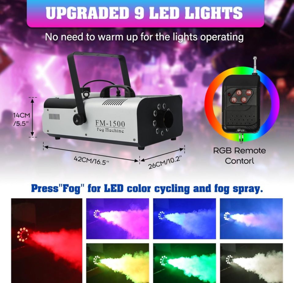 TCFUNDY Fog Machine with Lights, 1500W Smoke Machine RGB 9 LED Lights for DJ Halloween Wedding Party Stage with Remote Control