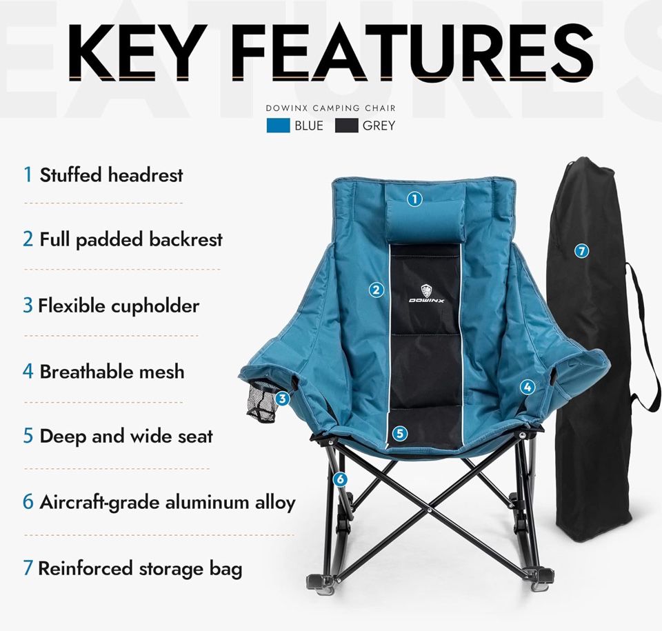Dowinx Oversized Rocking Camping Chair, Fully Padded Patio Chair with Side Pocket and Carry Bag, High Back Portable Lawn Recliner with Headrest