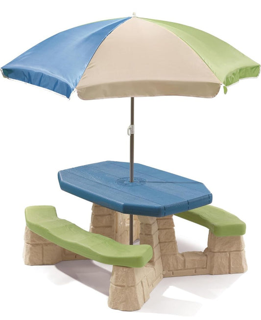 Step2 Naturally Playful Kids Picnic Table With Umbrella, Durable Indoor/Outdoor Toys, Seating for 6 Children, Ages 3+ Years Old, Blue & Green