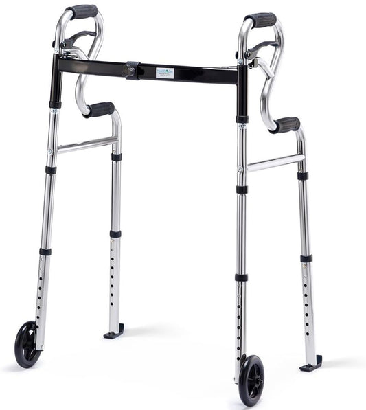 HEALTH LINE MASSAGE PRODUCTS 3 in 1 Folding Walker with 5" Front Wheels, Width Adjustable Compact Standard Walker Supp