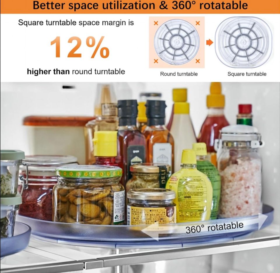 Realife Lazy Susan Turntable for Refrigerator, Slide and 360° Rotate Rectangle Turntable Organizer, Square Turntable Organizer for Fridge Cabinet