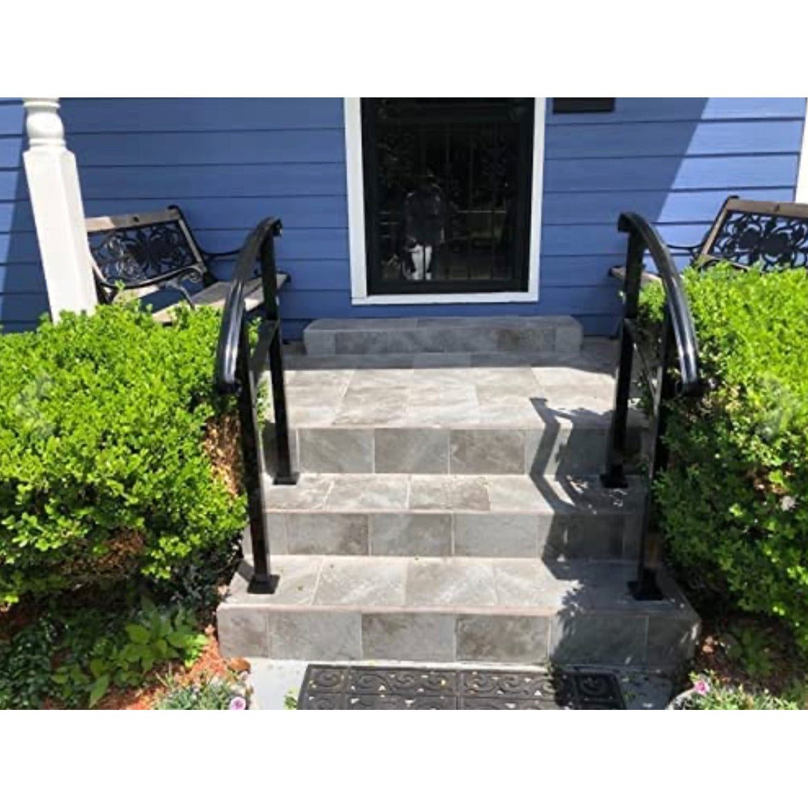 Handrails for Outdoor Steps,3 Step Handrail Fits 1 to 3 Steps Mattle Wrought Iron Handrail Stair Rail with Installation Kit Hand Rails for Outdoor Steps Black - Selzalot