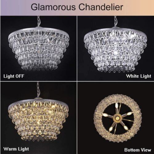 Wellmet 20 Inch Crystal Chandeliers, 6 Lights 5 Tiers Crystal Light, Adjustable Ceiling Pendant Lights, Modern Hanging Chandelier Lighting - Selzalot