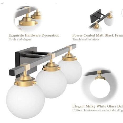 Tipace Mid Century Modern Bathroom Vanity Light Fixtures 3 Lights Milky White Glass Shades Black/Golden Bathroom Light Fixture(Exclude Bulb) - Selzalot