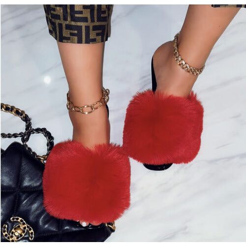 ANNA RENEE FUR JELLY SLIDES -RED or Pink - Selzalot